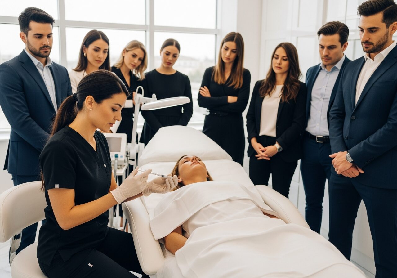 Aesthetic medicine professionals watching a live needle-injection demonstration at a clinical masterclass